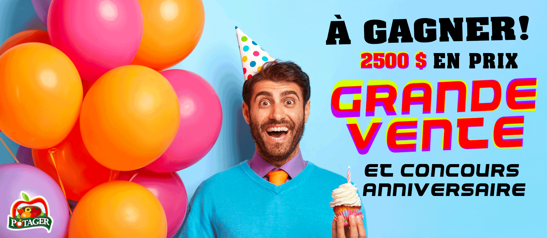 Visuel de la grande vente anniversaire et du concours 2500$ en prix à gagner.